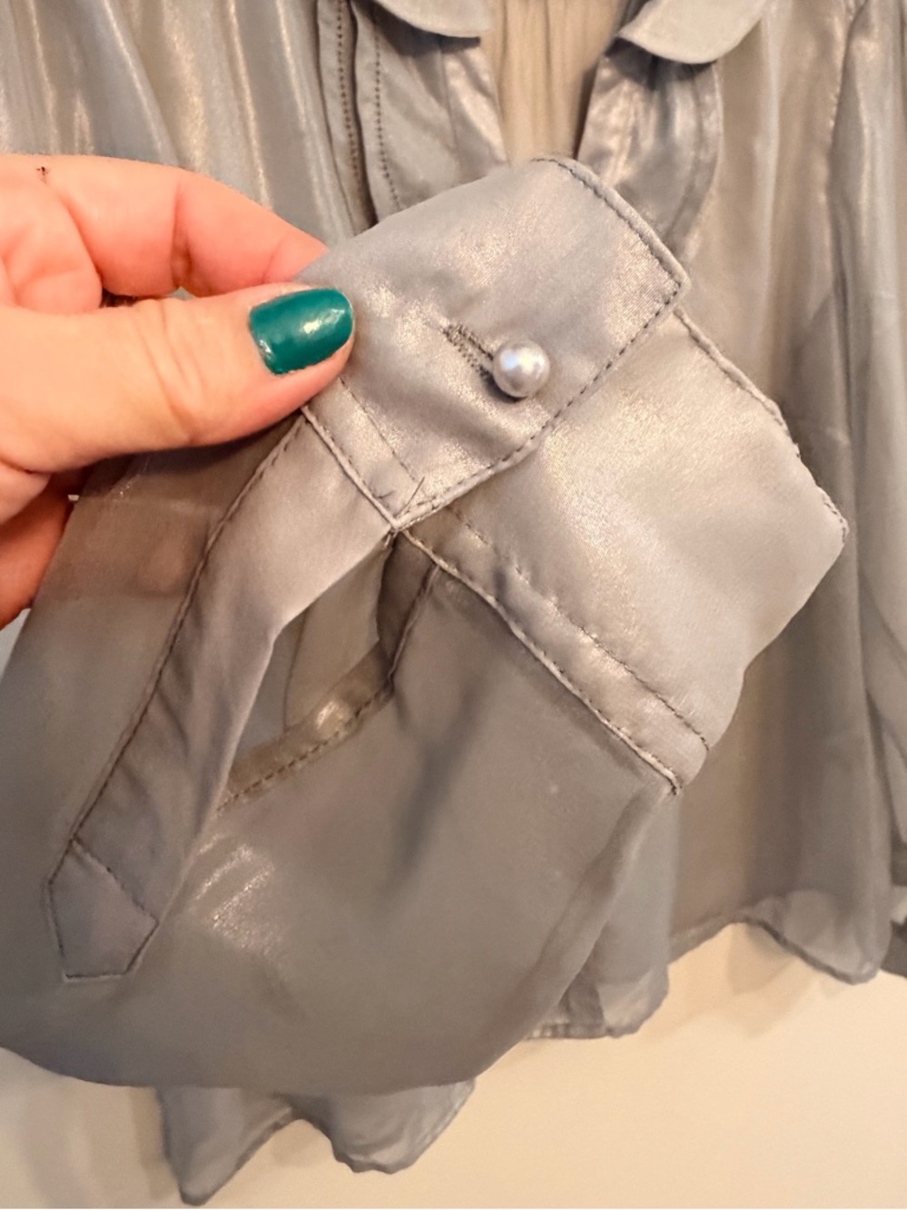 Metallic Silver Sheer Ruffle Front Pintuck Blouse - Picture 4 of 7